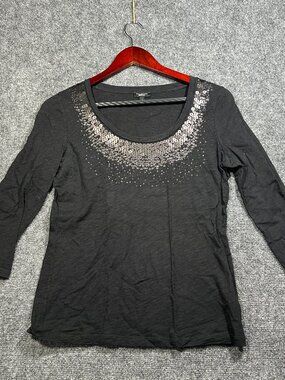 Talbots Top Womens Small Black Cotton Knit 3/4 Sleeve Sequin Neck Pullover Tee